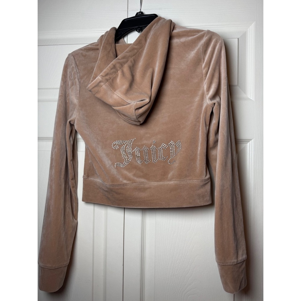 Juicy Couture Tan Velour Rhinestone Logo Cropped Zip Up Hoodie Small Y2K Style